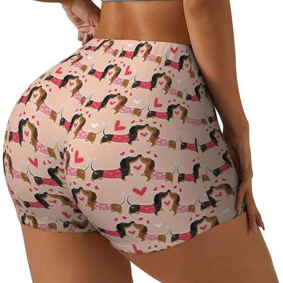 Fuzoiu Dachshund Couple Print Women's Workout Shorts,Workout Biker Shorts Women,Exercise Fitness Shorts,Scrunch Short, Athletic Shorts for Gym Yoga Running Sport Active-Medium