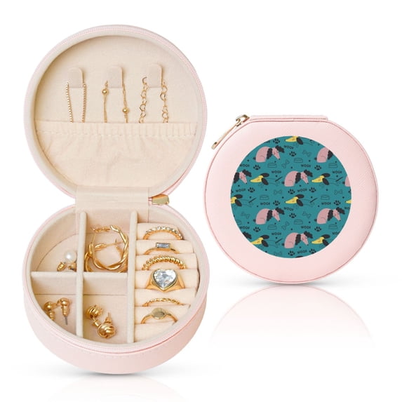 Fuzoiu Dachshund Dog Print Portable Jewelry Box,Round Mini Leather Travel Jewelry Case,Small Travel Jewelry Organizer,Jewelry Holder for Ring Necklace Earring for Women Girls-Pink