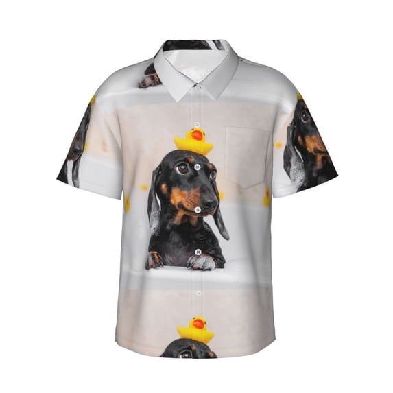 Fuzoiu Dachshund Sitting in Bathtub Print Hawaiian Shirt for Men, Summer Beach Casual Short Sleeve Button Down Shirts, Men’s Beach Summer Shirts with Pocket,Medium