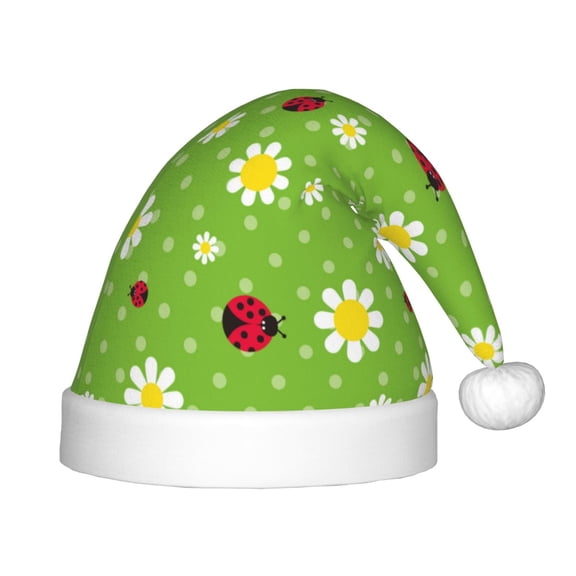 Fuzoiu Daisies And Ladybugs Print Santa Hat Christmas Hat for kids,Santa Hats with Pompom, Unisex Xmas Holiday Hat for Christmas New Year Festive Party Supplies