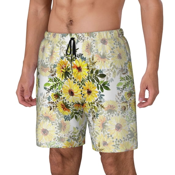 Fuzoiu Daisies And Wildflowers Print Men's Swim Shorts,Quick-Dry Double-Layer Swim Trunks,Board Trunks,Beach Shorts Swimwear Bathing Suits-Large