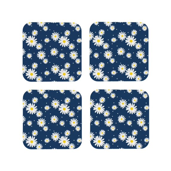 Fuzoiu Daisies Flowers Print Leather Coasters Set,Drink Coasters Set of 4,for Tabletop Protection, Durable PVC Coasters,Home Décor and Housewarming Gift-Square