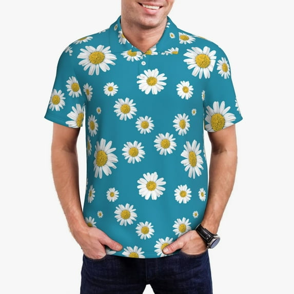 Fuzoiu Daisies Flowers Print Men's Polo Shirts Short Sleeve,Golf Shirts for Men,Mens Golf Shirt Moisture Wicking Quick-Dry-Small
