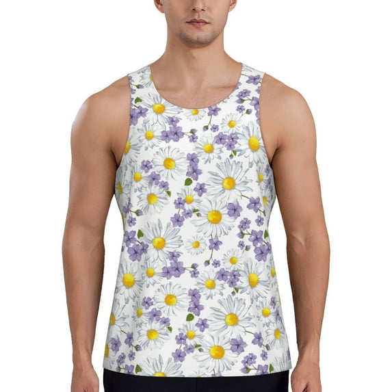 Fuzoiu Daisies Flowers Print Men's Workout Tank Tops,Sleeveless Gym Shirt Quick Dry,Fitness Bodybuilding T-Shirt,Muscle Athletic Workout Tee-Large