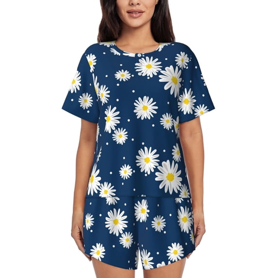 Fuzoiu Daisies Flowers Print Women's Short-Sleeved Pajama Set,Lounge Sleepwear Set,Womens Pajama Sets 2 Piece,Button-Up Top and Shorts with Pockets-Medium