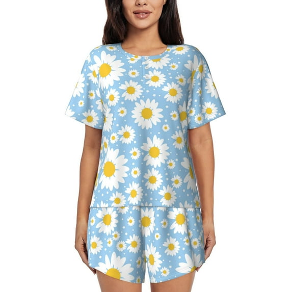Fuzoiu Daisies Flowers Print Women's Short-Sleeved Pajama Set,Lounge Sleepwear Set,Womens Pajama Sets 2 Piece,Button-Up Top and Shorts with Pockets-X-Large