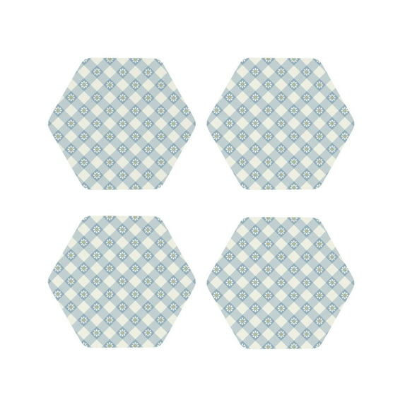 Fuzoiu Daisy Plaid Blue Print Leather Coasters Set,Drink Coasters Set of 4,for Tabletop Protection, Durable PVC Coasters,Home Décor and Housewarming Gift-Hexagon
