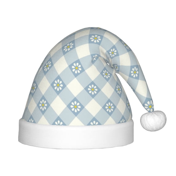 Fuzoiu Daisy Plaid Blue Print Santa Hat Christmas Hat for kids,Santa Hats with Pompom, Unisex Xmas Holiday Hat for Christmas New Year Festive Party Supplies