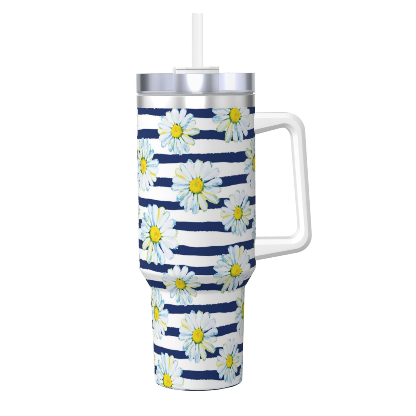 Fuzoiu Daisy Striped Nautical Print 40OZ Ice Bully Stainless Steel Insulated Cup with Handle and ...