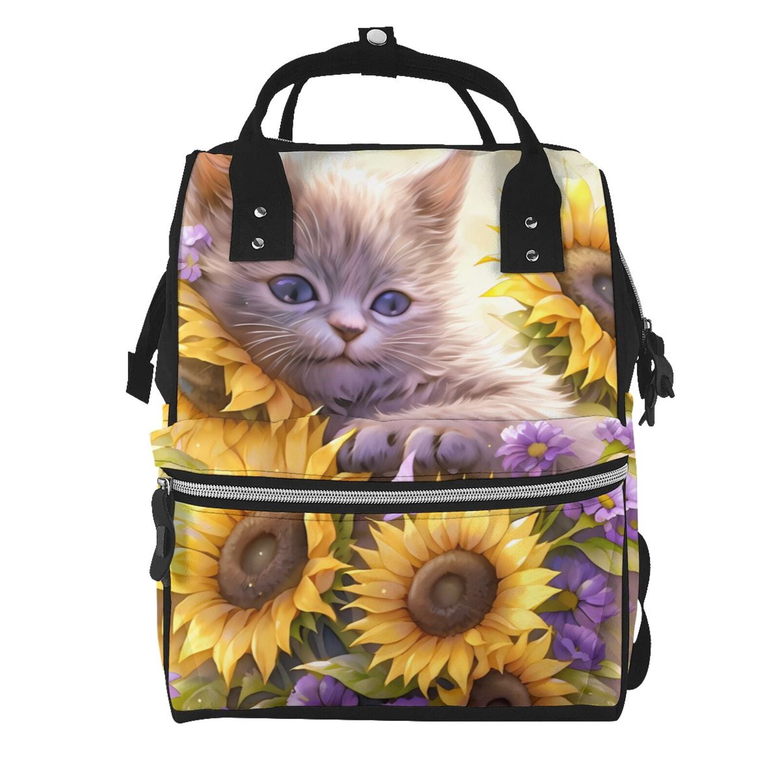 Fuzoiu Daisy Sunflower Lazy Cat Print Diaper Bag Backpack,Baby Essentials Travel Tote,Multi function Waterproof Diaper Bag, Travel Essentials Baby Bag - Unisex