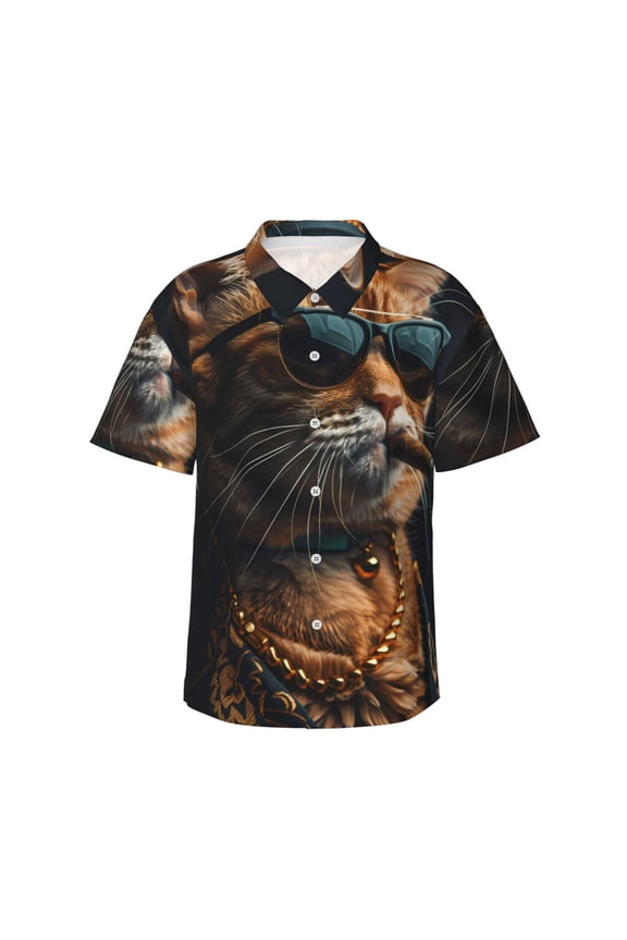 Dapper Cat in Sunglasses Print Hawaiian Shirt for Men, Summer Beach Casual Short Sleeve Button Down Shirts, Men’s Beach Summer Shirts with Pocket,Large