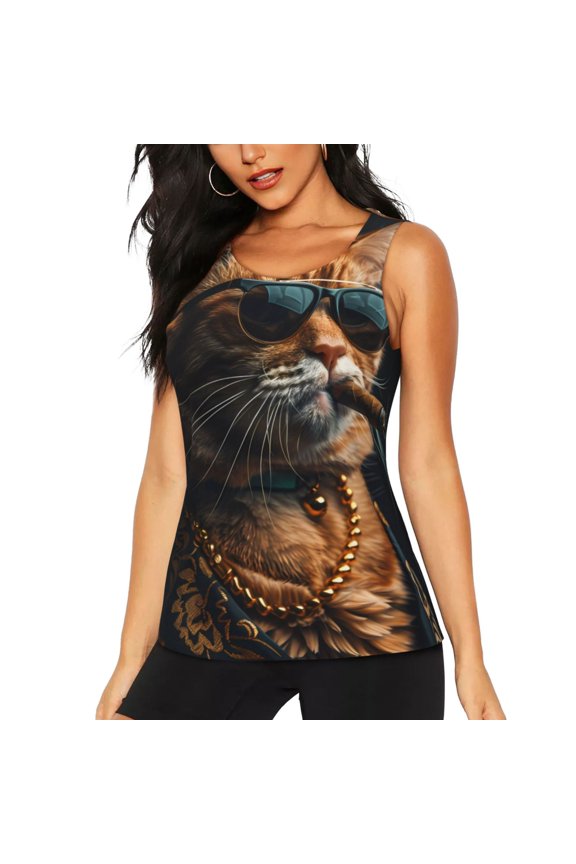 Dapper Cat in Sunglasses Print Women's Workout Tank Top,Athletic Racerback Sports Tank,Tops Sleeveless Running Loose Fit Yoga Tops,Active Shirts for Yoga, Running, and Gym-Large