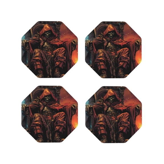 Fuzoiu Dark Skull King Throne Print Leather Coasters Set,Drink Coasters Set of 4,for Tabletop Protection, Durable PVC Coasters,Home Décor and Housewarming Gift-Octagon
