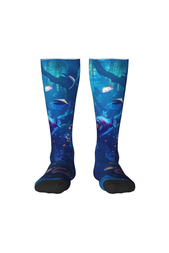 Deep Sea Glowing Fishes Print Adult Stockings,Crew Socks,Unisex Fashion Socks, Casual Sports Socks,Comfortable Crew Socks for Everyday Wear and Sports