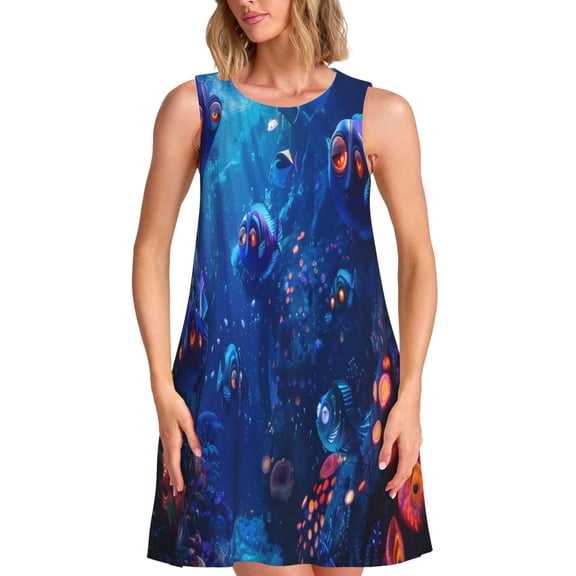 Fuzoiu Deep Sea Glowing Fishes Print Women's Sleeveless Dress,Summer Dresses for Women,Casual Sundresses,Beach Sleeveless T-shirt Swing Dress with Pockets