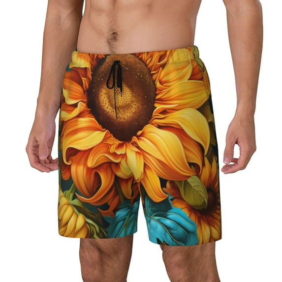 Fuzoiu Deep Yellow Colorful Sunflower Print Men's Swim Shorts,Quick-Dry Double-Layer Swim Trunks,Board Trunks,Beach Shorts Swimwear Bathing Suits-