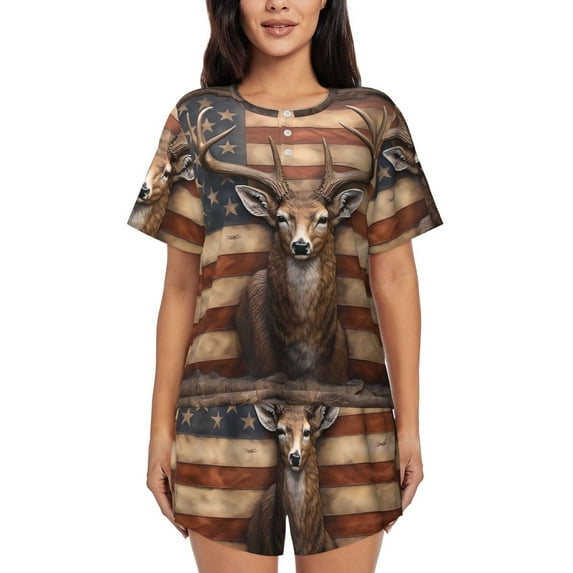Fuzoiu Deer American Flag Wall Print Women's Short-Sleeved Pajama Set,Lounge Sleepwear Set,Womens Pajama Sets 2 Piece,Button-Up Top and Shorts with Pockets-X-Large
