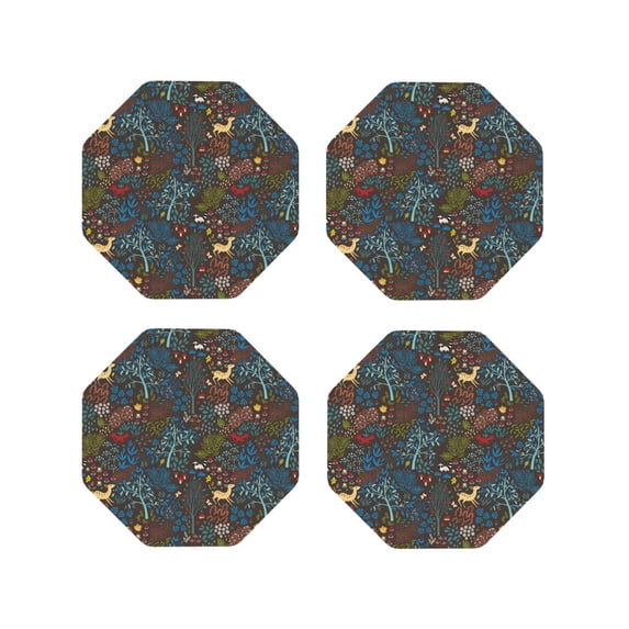 Fuzoiu Deers In The Forest 1 Print Leather Coasters Set,Drink Coasters Set of 4,for Tabletop Protection, Durable PVC Coasters,Home Décor and Housewarming Gift-Octagon
