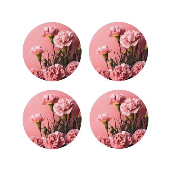Fuzoiu Delicate Pink Carnations A Print Leather Coasters Set,Drink Coasters Set of 4,for Tabletop Protection, Durable PVC Coasters,Home Décor and Housewarming Gift-Round Shape