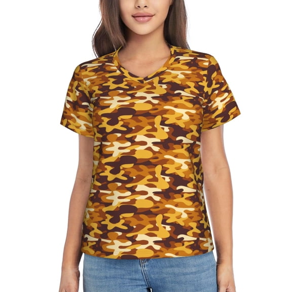 Fuzoiu Desert Camouflage Print Women's Classic V-Neck T-Shirt, Short Sleeve V Neck Tees for Casual Everyday Wear,Casual Fit Tee,Summer Fashion Tops-3X-Large