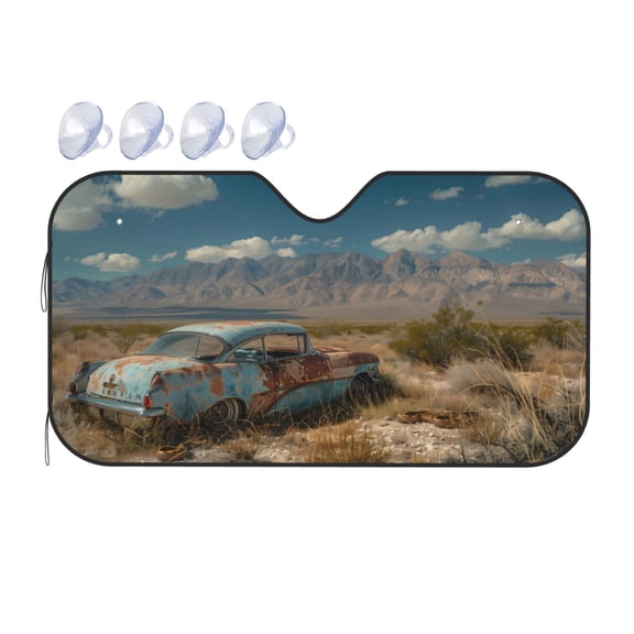 Fuzoiu Deserted Classic Car Landscape Print Car Windshield Sunshade,Foldable Reflective Sun Visor,Windshield Sun Shade,UV Rays Sun Visor Shade,Auto Front Sun Shield Shade-Small