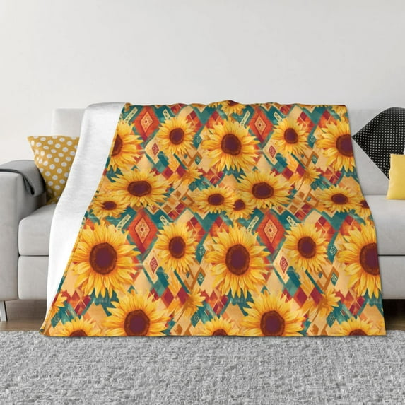 Fuzoiu Diamond Bohemian Sunflower Print Flannel Blanket,Throw Blanket,Flannel Home Decor,Fleece Bed Blankets,Cozy Soft Blanket for Bed, Sofa, Camping, and Travel-60"x50"