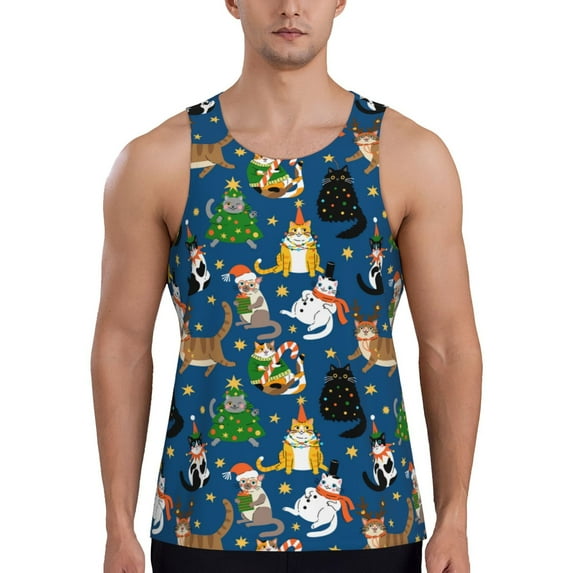 Fuzoiu Different Cats Christmas Print Men's Workout Tank Tops,Sleeveless Gym Shirt Quick Dry,Fitness Bodybuilding T-Shirt,Muscle Athletic Workout Tee-Large