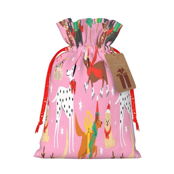 Fuzoiu Different Dogs Christmas Print Christmas Gift Bag,Burlap Gift Bag with Drawstring Closure & Hang Tag,Perfect for Holidays, Birthdays, and Special Occasions-Medium