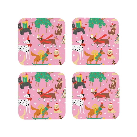 Fuzoiu Different Dogs Christmas Print Leather Coasters Set,Drink Coasters Set of 4,for Tabletop Protection, Durable PVC Coasters,Home Décor and Housewarming Gift-Square
