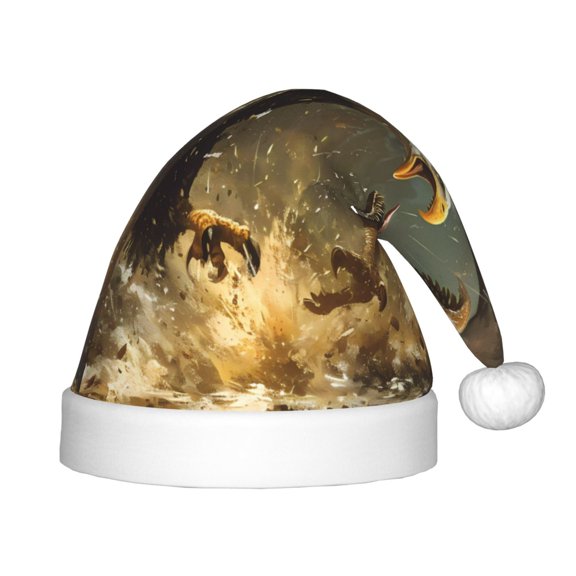 Fuzoiu Dinosaur Bald Eagle Print Santa Hat Christmas Hat for kids,Santa Hats with Pompom, Unisex Xmas Holiday Hat for Christmas New Year Festive Party Supplies