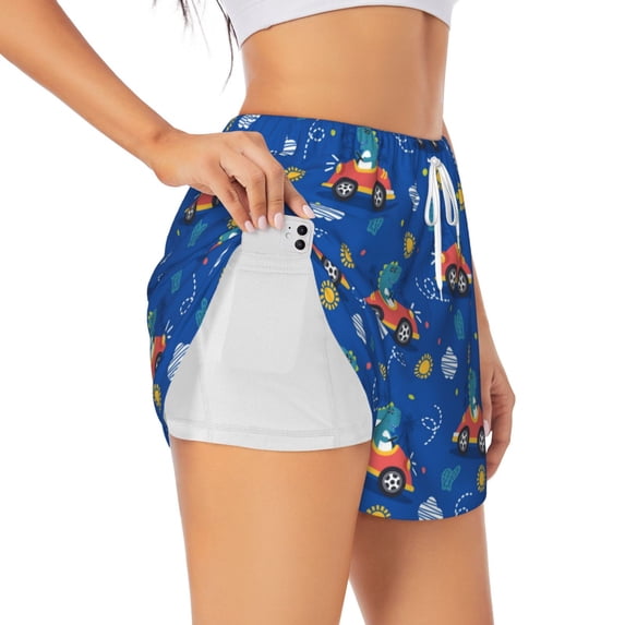 Fuzoiu Dinosaur Driving Print Women's Athletic Shorts, Double-Layer Running Shorts with Pocket,Women's Workout Shorts for Yoga, Gym, and Workouts-X-Large