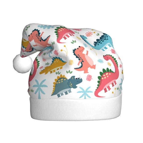 Fuzoiu Dinosaur Print Santa Hat Christmas Hat for Adults,Santa Hats with Pompom, Unisex Xmas Holiday Hat for Christmas New Year Festive Party Supplies