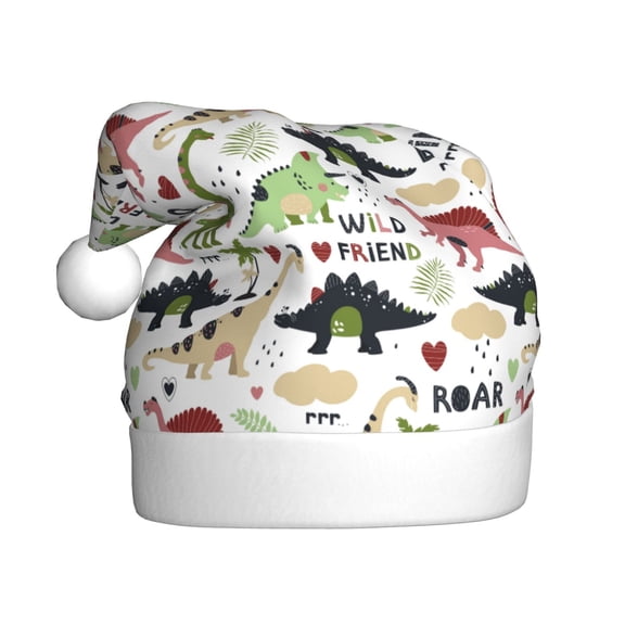 Fuzoiu Dinosaur Print Santa Hat Christmas Hat for Adults,Santa Hats with Pompom, Unisex Xmas Holiday Hat for Christmas New Year Festive Party Supplies