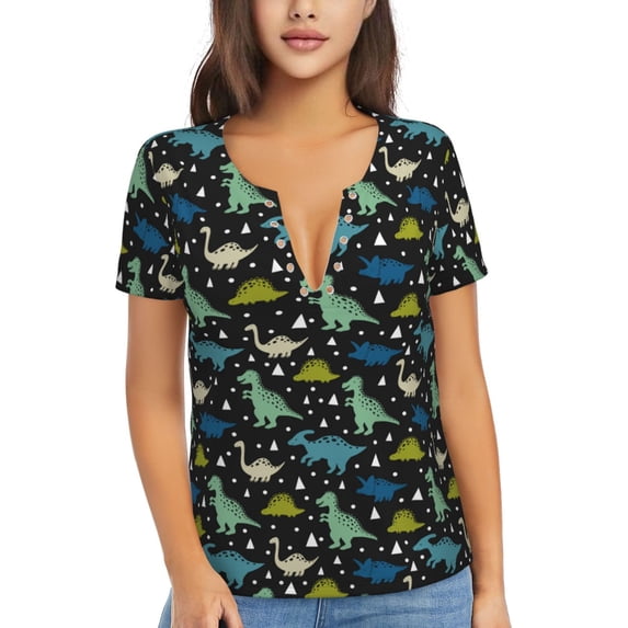 Fuzoiu Dinosaur Print Women's V-Neck T-Shirt,Women's Short Sleeve Top, Comfortable for Work, Leisure, and Sports