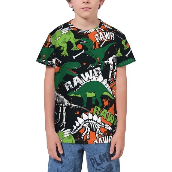 Fuzoiu Dinosaur Skeleton Print Youth Short Sleeve T-Shirt,Youth Dry-Fit Active Athletic T-Shirt,Short Sleeve Tops Tees for School, Sports, and Casual Wear