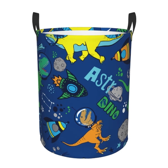 Fuzoiu Dinosaur In Space Print Circular Hamper,Laundry Basket with Handle,Collapsible Laundry,Dirty Clothes Storage Basket,for Bedroom Bathroom Dorm Living Room-Small