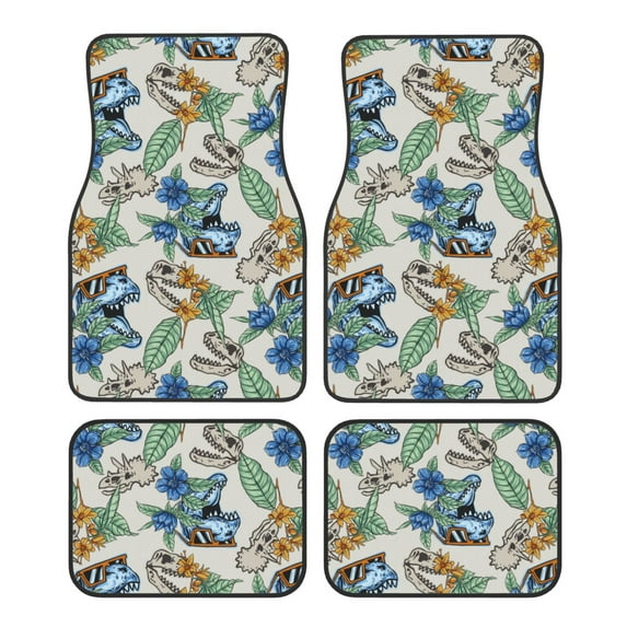 Fuzoiu Dinosaurs And Leaves Print Carpet Floor Mats for Car,Car Foot Mat Set,Universal Fit 4 Piece Mat Pad Set,Fits Most Cars Trucks Vans Sedans SUV Auto Carpet Mat Se