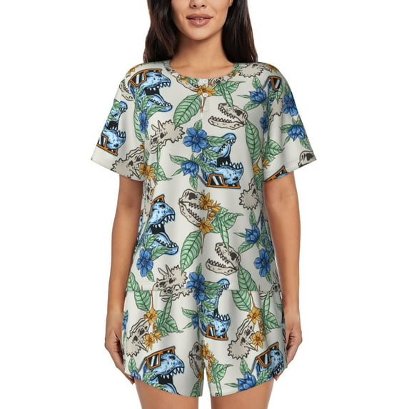 Fuzoiu Dinosaurs And Leaves Print Women's Short-Sleeved Pajama Set,Lounge Sleepwear Set,Womens Pajama Sets 2 Piece,Button-Up Top and Shorts with Pockets-4X-Large