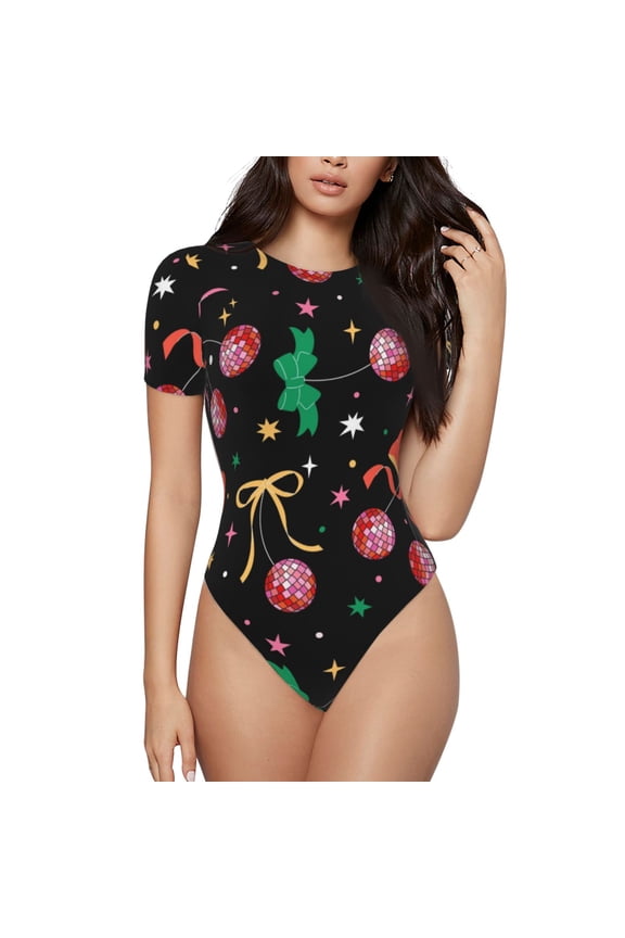 Disco Mirror Ball Print Women's Short-Sleeved Onesie, Short Sleeve Body Suits, Women Round Neck Bodysuits for Women,for Daily Wear, Parties, and Layering-X-Large