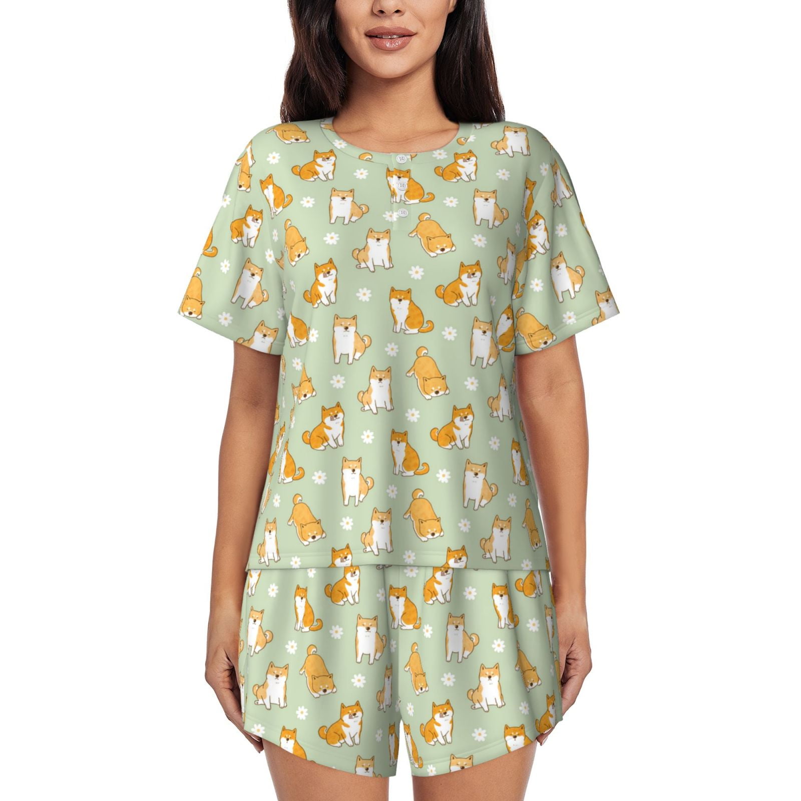 Fuzoiu Dog And Flower Print Women's Short-Sleeved Pajama Set,Lounge ...