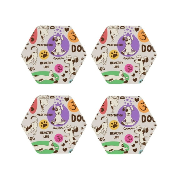 Fuzoiu Dog Doing Yoga Print Leather Coasters Set,Drink Coasters Set of 4,for Tabletop Protection, Durable PVC Coasters,Home Décor and Housewarming Gift-Hexagon