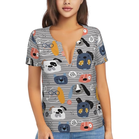Fuzoiu Dog Print Women's V-Neck T-Shirt,Women's Short Sleeve Top, Comfortable for Work, Leisure, and Sports