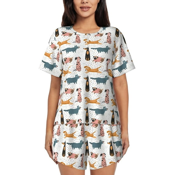 Fuzoiu Dogs Pug Print Women's Short-Sleeved Pajama Set,Lounge Sleepwear Set,Womens Pajama Sets 2 Piece,Button-Up Top and Shorts with Pockets-Medium