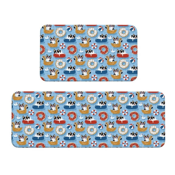 Fuzoiu Dogs With Pool Floats Print Kitchen Floor Mat 2 Sets,Kitchen Rugs and Mats,,Non Skid Waterproof Kitchen Floor Mat for Kitchen,Home Office,Sink,Laundry