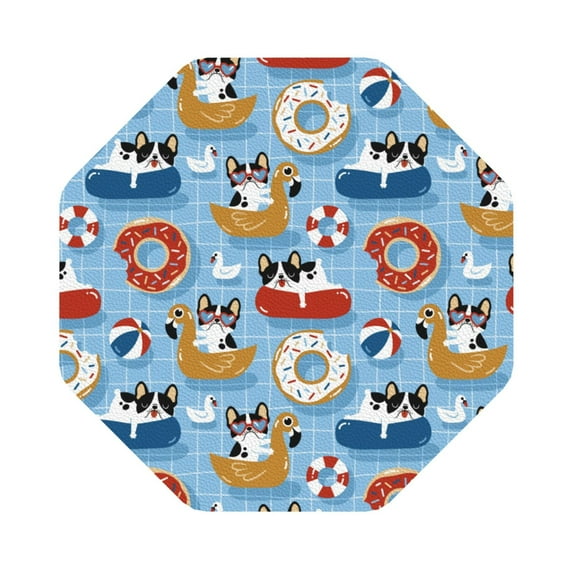 Fuzoiu Dogs With Pool Floats Print Leather Coasters Set,Drink Coasters Set of 6,for Tabletop Protection, Durable PVC Coasters,Home Décor and Housewarming Gift,Octagon