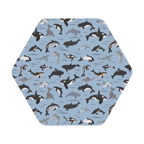 Fuzoiu Dolphins Print Leather Coasters Set,Drink Coasters Set of 6,for Tabletop Protection, Durable PVC Coasters,Home Décor and Housewarming Gift,Hexagon