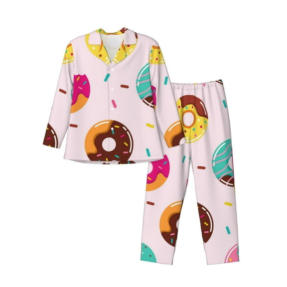 Fuzoiu Donut Print Men's Long-Sleeved Pajama,Lounge Button Down Nightwear,Mens Notch Collar Pajama Set -Small