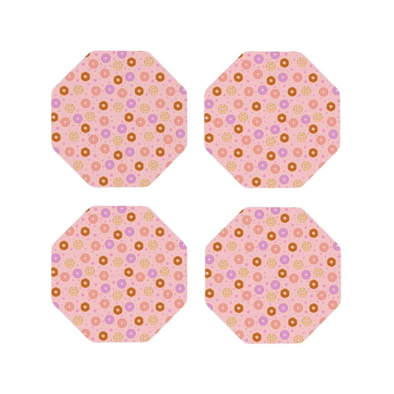 Fuzoiu Donuts Print Leather Coasters Set,Drink Coasters Set of 4,for Tabletop Protection, Durable PVC Coasters,Home Décor and Housewarming Gift-Octagon