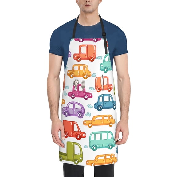 Fuzoiu Doodle Cars Print Adjustable Waterproof Apron with Pockets,Waterproof Apron for Cooking, Gardening, and Art Projects