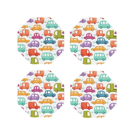 Fuzoiu Doodle Cars Print Leather Coasters Set,Drink Coasters Set of 4,for Tabletop Protection, Durable PVC Coasters,Home Décor and Housewarming Gift-Octagon